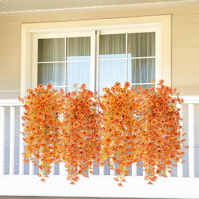 Homsunny Artificial Fall Flowers for Outdoors Fake Flowers UV Resistant 2PCS Fall Mums Flowers for Home Patio Balcony Yard Porch, Orange and Sunset Red