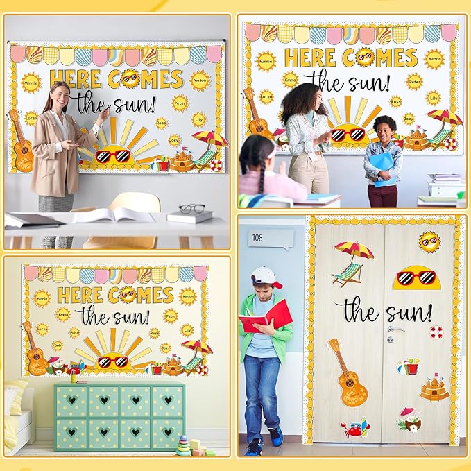 Summer Shine Bright Sun Bulletin Board Set Here Comes The Sun Paper Cutouts Classroom Decorations Tropical Beach Name Tags for Teacher Back to School Nursery Chalkboard Home Wall Door Decor Supplies