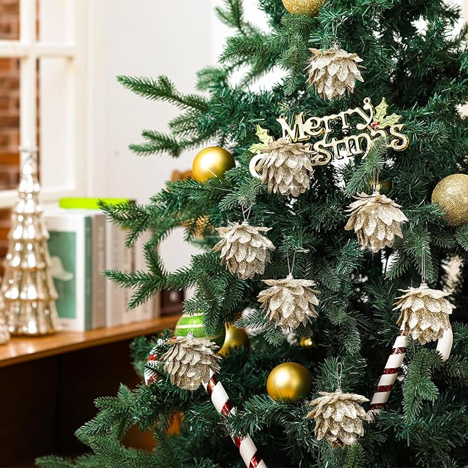 Jetec 8 Pieces Christmas Ornaments Glitter Christmas Tree Hanging Decoration Decorative Artificial Pine Cones Flowers Hanging Ornaments for Winter Wreath Holiday Decor(Champagne Gold)