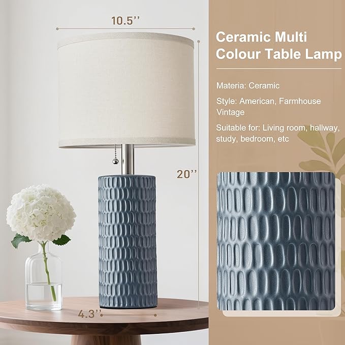 Reaketon 20.5" Modern Ceramic Table Lamps for Bedroom Set of 2, Bedside Lamps for Night Stands with Beige Lampshade, Farmhouse Table Lamp for Living Room Office Dorm, Grey
