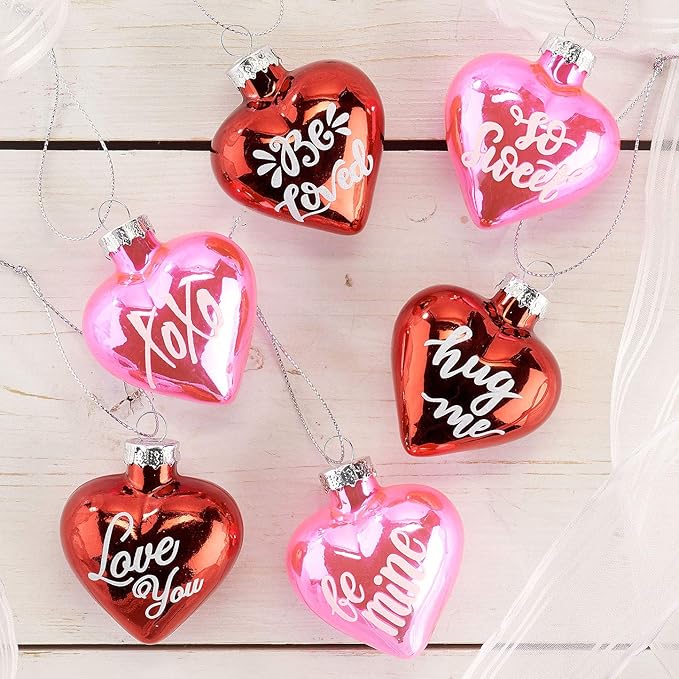 Lillian Vernon Glitter Words Blown Glass Valentine’s Day Ornaments - Handcrafted Hanging Tree Decorations, Heart Glitter Words Holiday & Party Decor, 2.5 in, Pink & Red, 12-Piece Set