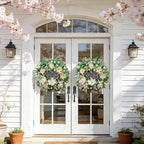 Spring Summer Wreaths for Front Door Outside 26 Inch, Magnolia Summer Wreath with Ribbons and Welcome Sign, Farmhouse Outdoor Spring & Summer Door Wreath for Front Door, Neutral Floral Decor