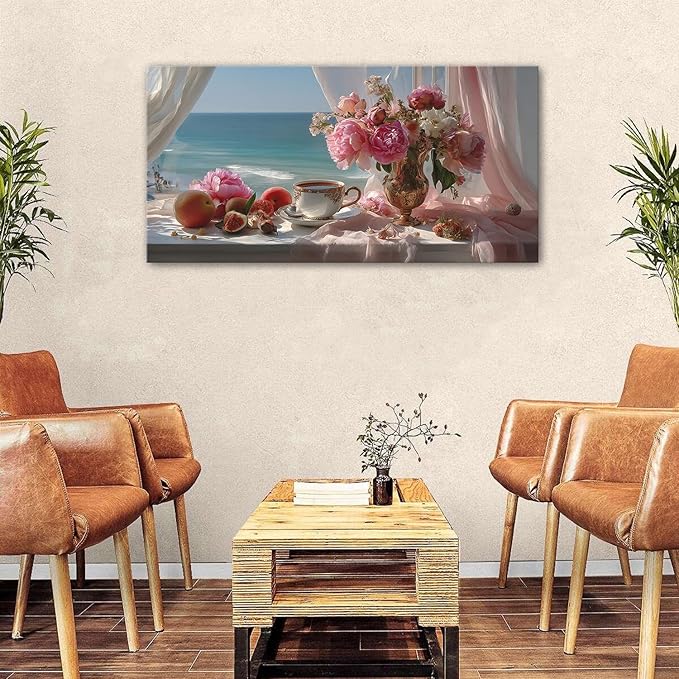 Vintage Pink Flower Wall Art Retro Flowers in Golden Vase Pictures Blue Ocean Coastal Landscape Canvas Prints Blossom Painting Poster Floral Artwork for Living Room Bathroom Home Decoration 24x48"