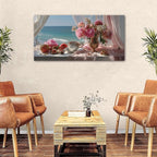 Vintage Pink Flower Wall Art Retro Flowers in Golden Vase Pictures Blue Ocean Coastal Landscape Canvas Prints Blossom Painting Poster Floral Artwork for Living Room Bathroom Home Decoration 24x48"