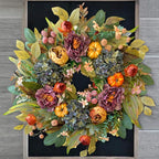 WANNA-CUL 24 Inch Spring Fall Wreaths for Front Door with Blue Hydrangea, Fall Wreath with Purple,Orange Peony-Fall Decoration for Home-Fall Decor Door Wreath for Valentines Day Mothers Day Autumn