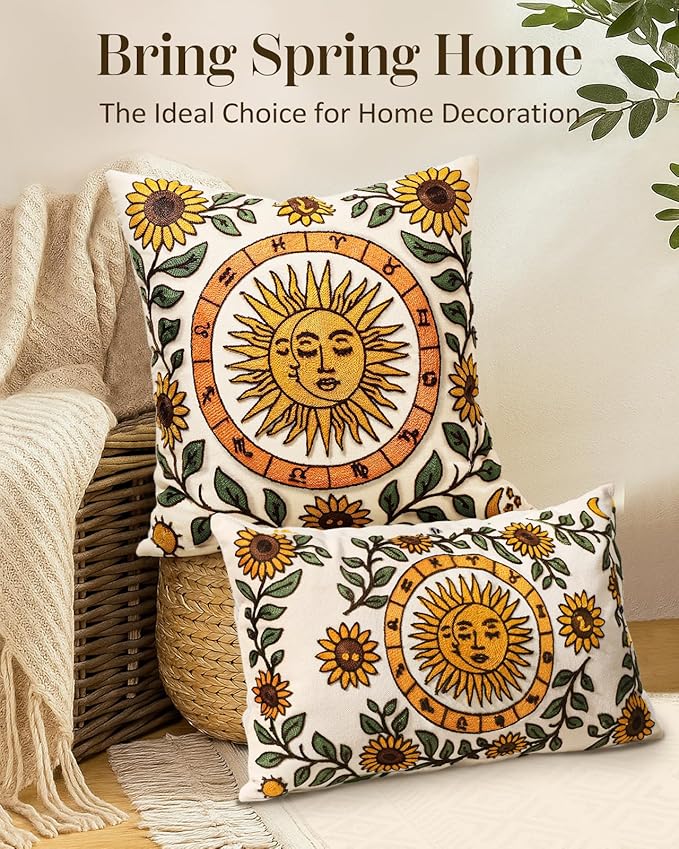 Embroidered Throw Pillow Cover 20x20 Inch - Spring Summer Boho Decorative Pillow Cover with Zipper for Living Room Couch Sofa Bed Aesthetic Design Sunflower Moon Cushion Pillowcase