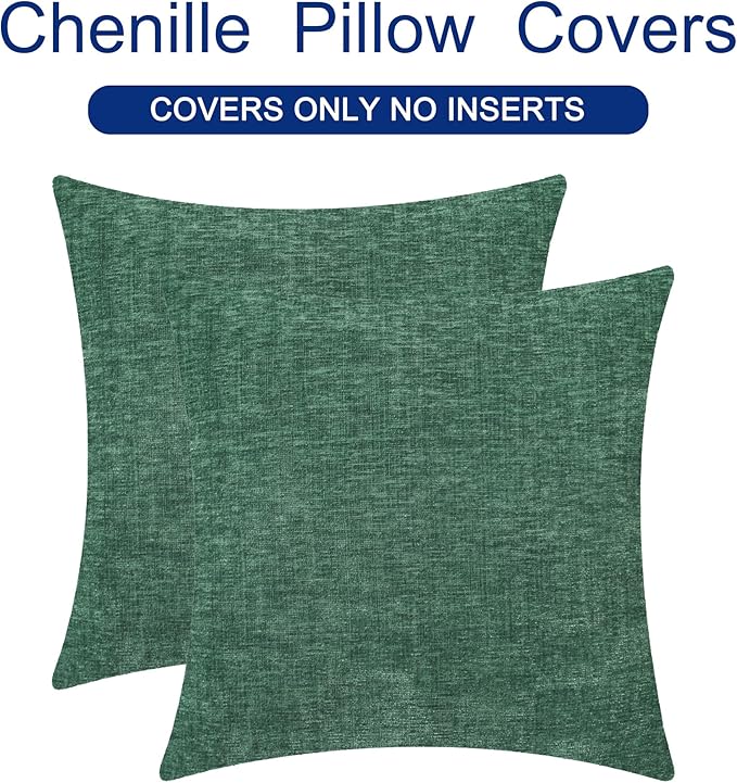CaliTime Christmas Throw Pillow Covers Decorative 20 X 20 Inches Pack of 2 Cozy Chenille Cushion Cases for Couch Sofa Bed Living Room Home Dark Green