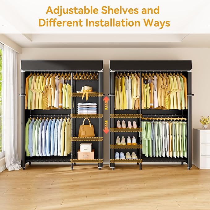 F2C Clothes Rack with Cover, Clothing Racks for Hanging Clothes, Heavy Duty Garment Rack with Shelves and Hanger Rods, Black Closet with Black Cover, 47.2" W x 16.5" D x 78.3" H, Load 630lbs