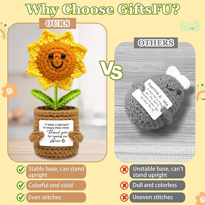 Teacher Gift from Student Teacher Appreciation Gifts for Women Crochet Sunflower Handmade Doll with Positive Card - Thank You for Helping Me Grow Mothers Day Birthday Gift Collectible Doll