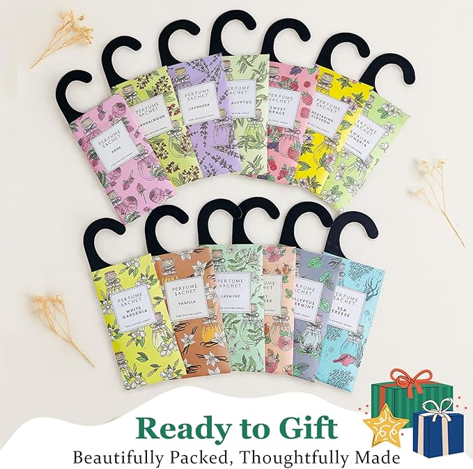 ROSE COTTAGE Large 12 Packs Hanging Closet Deodorizer Air Freshener Scented Sachets Long Lasting Smell Goods 6 Scents Option - Lavender, Linen, Cotton, Mint, Jasmine, Rose