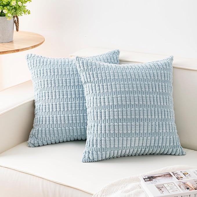 Aegero Pack of 2 Corduroy Decorative Throw Pillow Covers 24x24 Inch Soft Striped Pillow Covers Modern Farmhouse Home Decor for Sofa Living Room Couch Bed（Sky Blue）