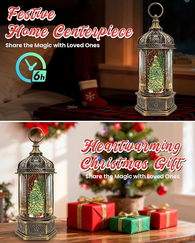 Large Christmas Snow Globes Light up Lantern with 8 Songs, 13" Christmas Tree & Rotating Train Snow Globe for Kids Adults, 6H Timer Dual Power, Snowglobes Christmas Decorations Indoor Gifts Women Men