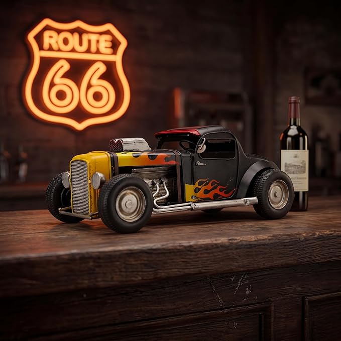 GENUINQ Vintage Hot Rod Metal Car Model Retro Classic Car Decor, Handmade Collectible Vehicle Figurine with Flame Design for Home, Office, Man Cave Decor & Gift