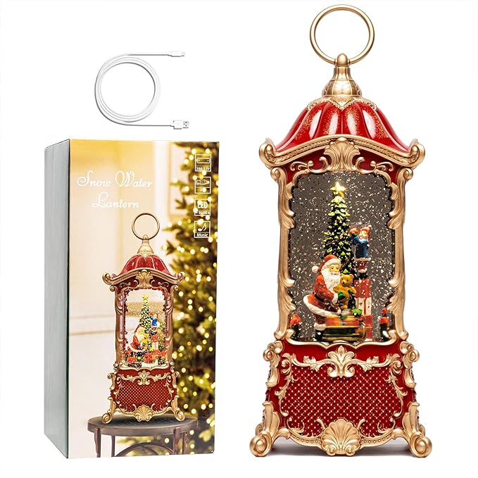 14" Christmas Snow Globe Lantern with Santa Claus - Swirling Glitter LED Light Musical Water Lantern with Rotatable Interior - Vintage Xmas Gifts - USB Plug or Battery Operated Home Decor (Palace Red)