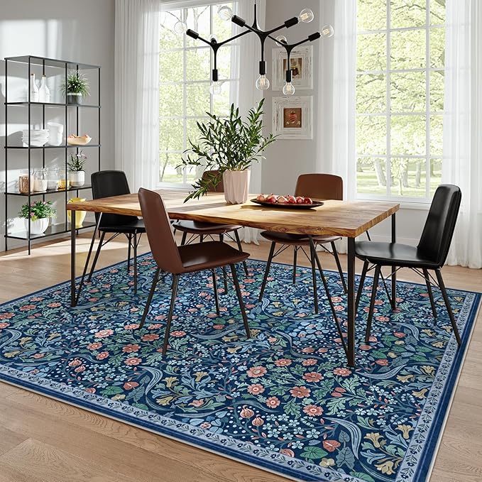 Moynesa Floral Washable 8x10 Rug, Large Area Rugs for Living Room, Soft 8 x 10 Boho Bedroom Rugs, Non Slip Botanical Ultra Thin Floor Carpet for Dining Room Nursery, Blue