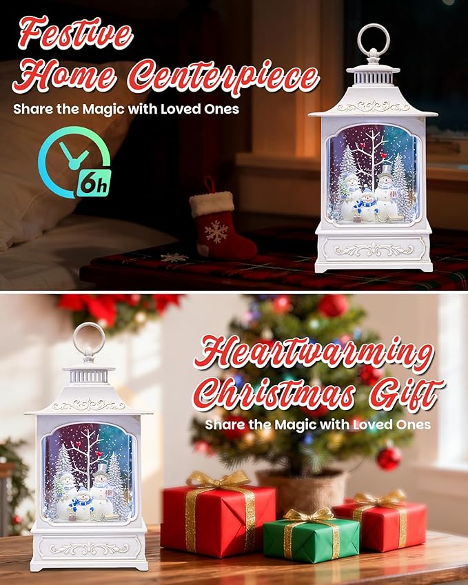 Large Christmas Snowman Snow Globe Light up Lantern with 8 Songs, 9.84" White Christmas Snow Globes for Kids Adults, 6H Timer & Dual Power, Snowglobes Christmas Decorations Indoor Silver Blue Snowman