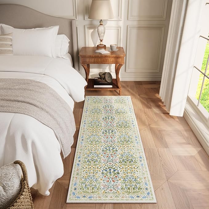 Non-Slip Bathroom Runner Rug 2x6 Feet, Washable Long Kitchen Hallway Laundry Mat, Beige Green Vintage Floral Design
