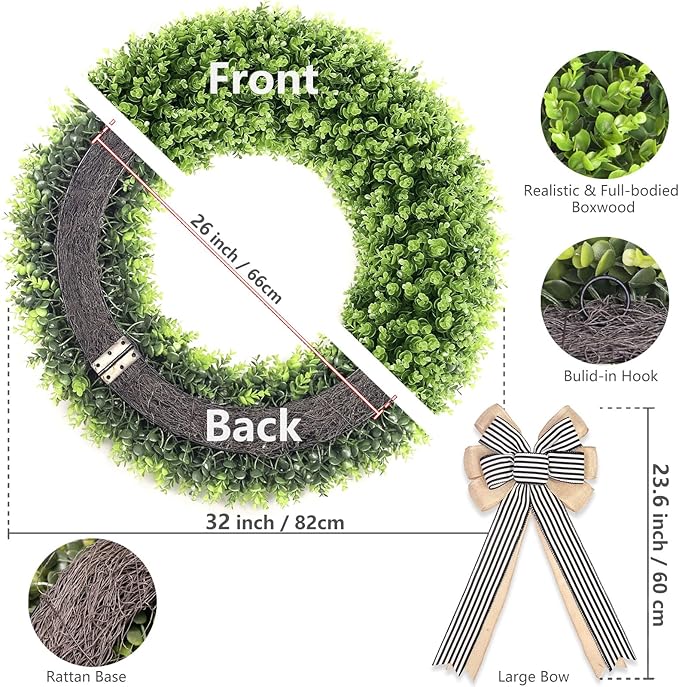 32'' Boxwood Wreath Artificial Spring Summer Wreath All Year Round, Foldable Faux Large Boxwood Wreaths for Front Door Farmhouse Wedding Indoor Outdoor(with Bow)