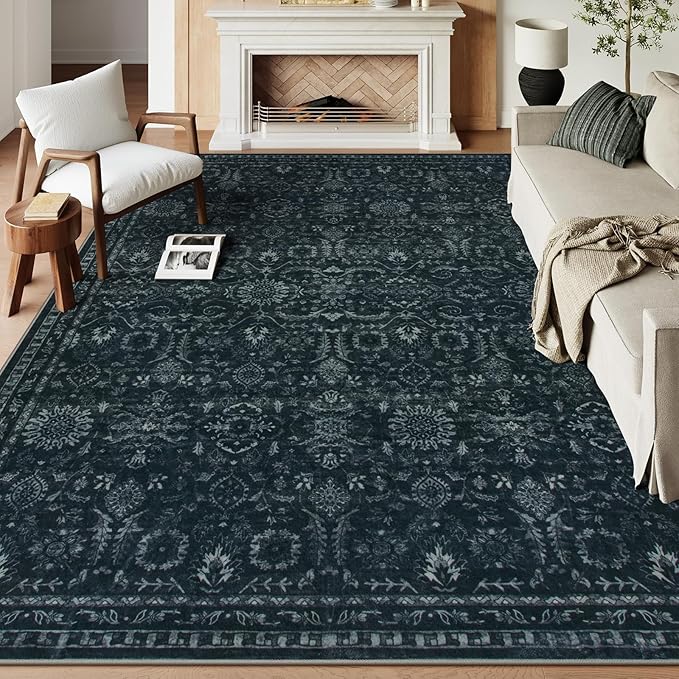 Lahome Washable 9x12 Area Rugs for Living Room,Black Boho Rugs for Bedroom,Dark Lurxry Non Shedding Carpet for Dining Room Apartment Dorm Office Aesthetic Decor