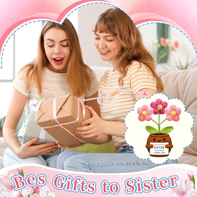 Wavwavw Sister Gifts Handmade Crochet Doll with Card Crochet Present for Sisters Sis Big Little Sister Birthday Wedding Home Decor(Flowers)