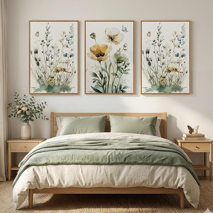 Framed Large Botanical Wall Art for Living Room, 3 Piece Minimalist Watercolor Floral Canvas Wall Art Prints, Modern Farmhouse Boho Sage Green Wildflower Picture for Bedroom Dining Room Decor, 24x36