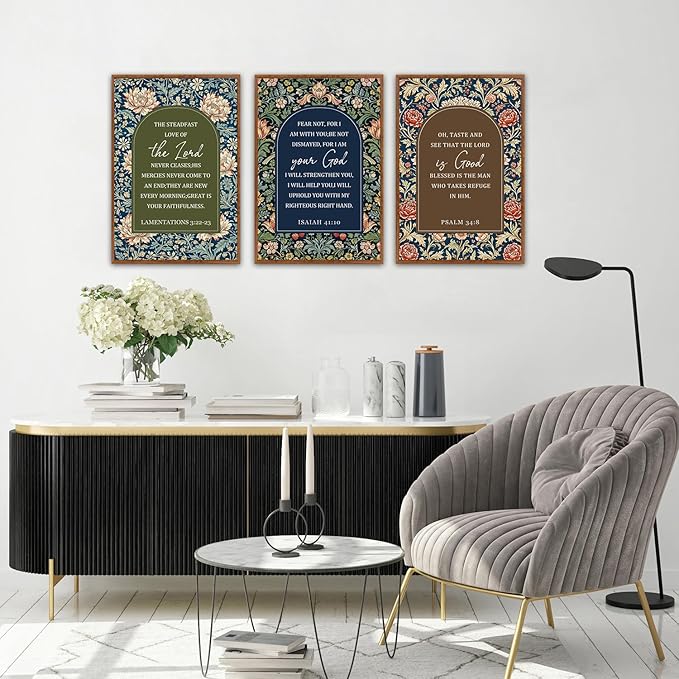 KAlRNE Vintage Christian Floral Framed Canvas Wall Art Set of 3(16”X24”),Boho William Morris Wall Decor,Religious Bible Verse Painting,Inspirational Scripture Art Prints For Living Room Bedroom Church