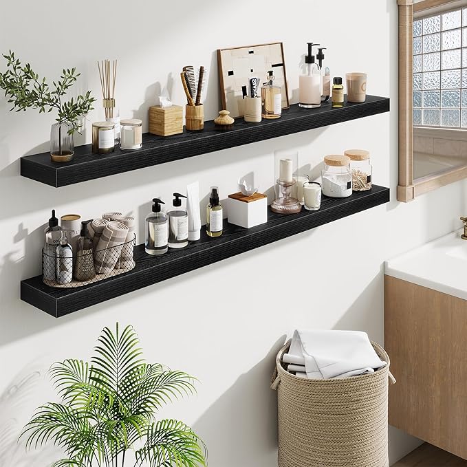Fun Memories 55 Inch Floating Shelves Bedroom, Large Extra Floating Shelf Set of 2 with Invisible Brackets, Black