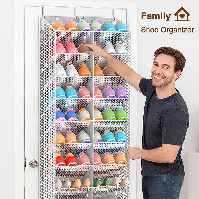 30 Pairs Over the Door Shoe Organizer, Breathable Mesh Pocket Hanging Shoe Storage for Closet, 10-Tier Door Shoes Rack, Handing Shoes Holder Fit All the Family's Sneakers, Boots, Heels, Light Grey