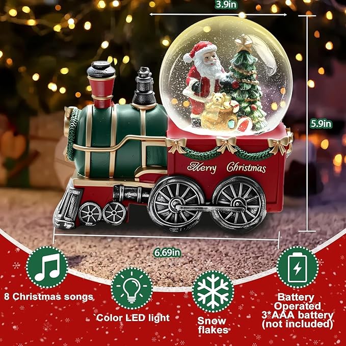 Christmas Snow Globe with Light up and Musical Snowflakes, 5.9 Inch Height Santa Claus Train Resin Snowglobe, Christmas Holiday Indoor Decor.