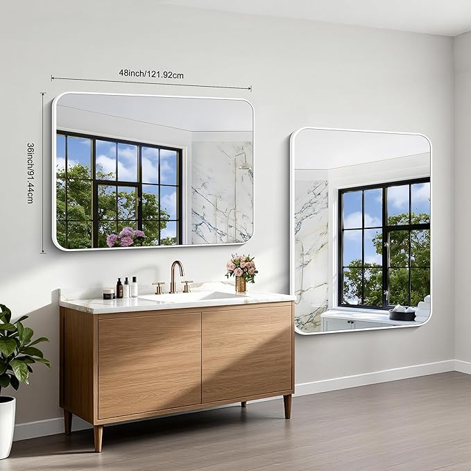 BONEWEI White Bathroom Mirror,36x48 inch Wall Mirror for Bathroom Wall Mounted,Rectangle Mirror for Bathroom Over Sink,Modern Frame Round Corner for Living Room,Bedroom Entryway,Horizontal/Vertical