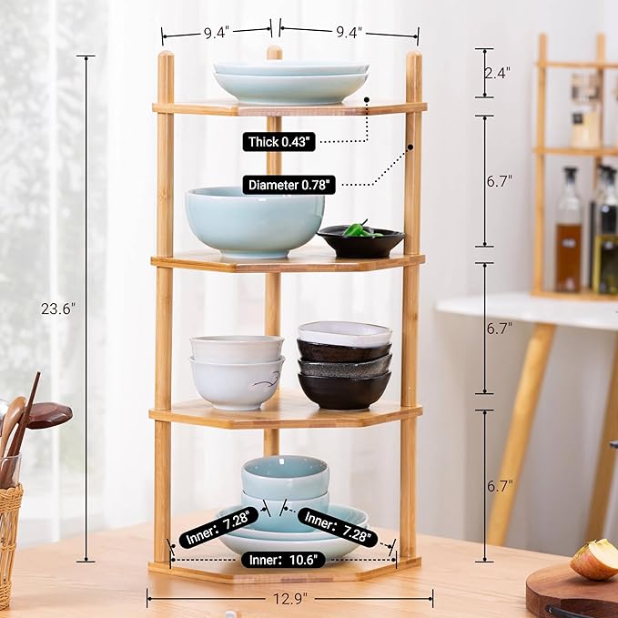 4-Tier Expandable Bamboo Corner Shelf - Dish/Plate Organizer for Cabinet, Kitchen Counter Shelf & Small Kitchen Shelf, Adjustable (Natural, 1-Pc 4-Tier)