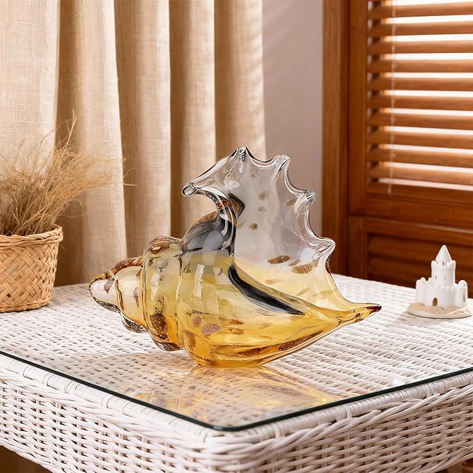 Hand Blown Glass Conch Statues, Gray and Amber Glass Art Figurines, Conch Shells for Coastal Home Decor, Living Room TV Stand and Bookcase Decor, Bathroom Shelf Tops and Cabinet Decor.