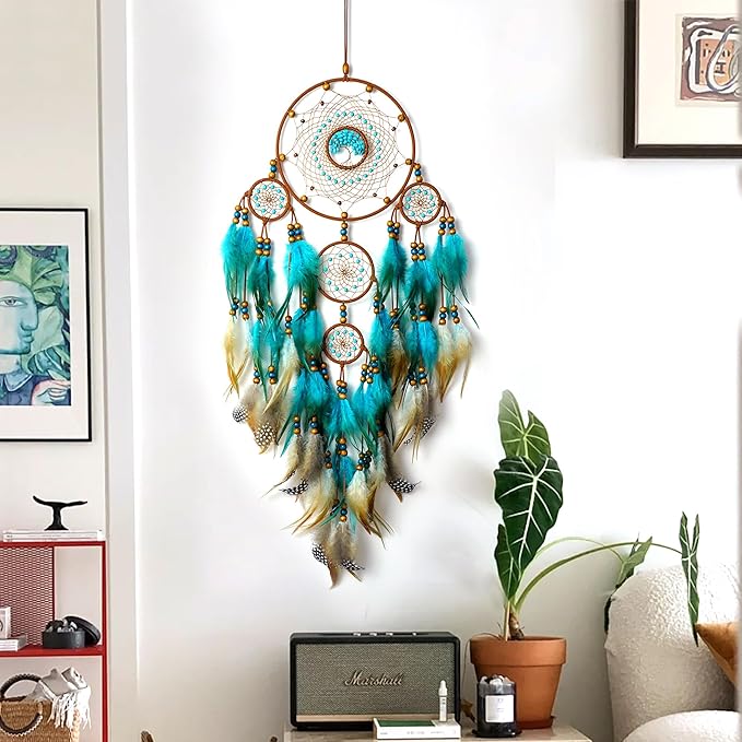Large Dream Catchers, Boho Handmade Woven Turquoise Dream Catchers Wall Hanging for Bedroom Home Decor, Wedding Party Decor, Adults Boys Girls Festival Blessing Gift (Turquoise & Brown)