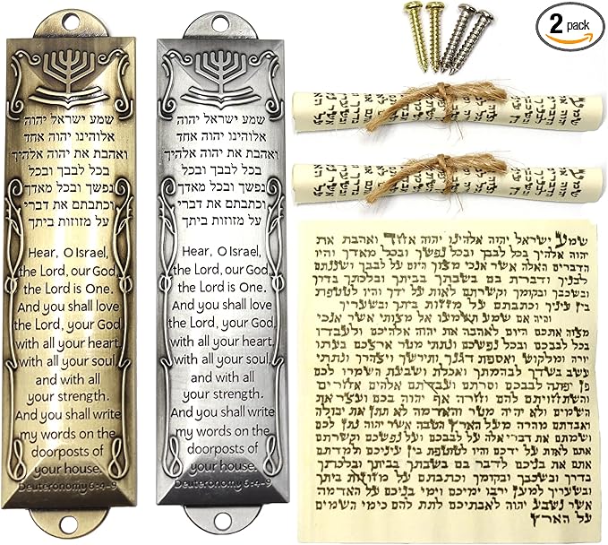 2 Pack Mezuzah with Scroll for Door - Jewish Mezuzah for Door Metal Cases with English and Hebrew Blessing for House Warming Hanukkah Gift (Antique Gold & Silver)