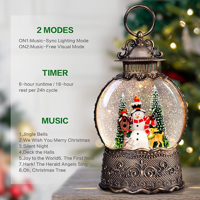 Christmas Snow Globes Lantern with Music, Snowman Snow Globes with Swirling Glitter Effects, USB/Battery Powered with 6-Hour Timer, Christmas Decorations