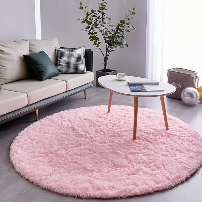 FJZFING Pink Round Rug Ultra-Soft Plush Modern 5x5 Circle Area Rug for Kid's Bedroom, Fluffy Shag Circular Rug for Nursery Room, Non-Slip Home Decor Cute Pink Carpet for Teen's Room