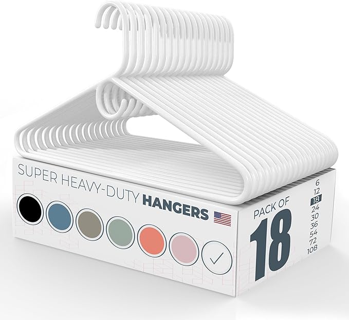 Neaties Super Heavy Duty Clothes Hangers 18 Pack – Made in the USA - 10lb Capacity, Thick Plastic Hangers for Pants, Coats, Jackets, Jeans and Adult Clothing – White