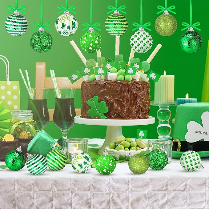Zeyune 16 Pcs St Patricks Day Tree Decoration 2 Inch St. Patrick's Day Shamrock Ornament Irish Hanging Sequin Ball Home Ornament for Tree Glitter Luck Clover Ball for Party Decor