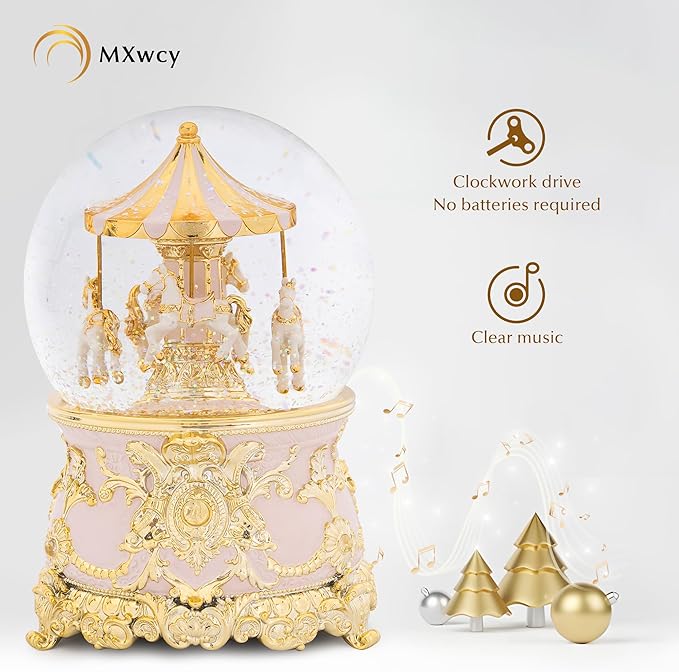 Carousel Music Box Gold Pink Christmas Snow Globes, 7.1" Glass Rotate Carousel Snow Globe for Kids & Adults, Classic Wind up Musical Snow Globe Valentines Day Gifts, Carousel Horse Home Decor