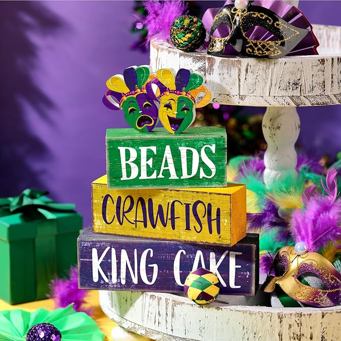 Moucuny 4 Pcs Mardi Gras Table Decorations Wooden Mask Decor Purple Golden Green Carnival Tiered Tray Decor Mardi Gras Centerpieces Decorative Masks Block Signs Gift for Masquerade Party Home Kitchen