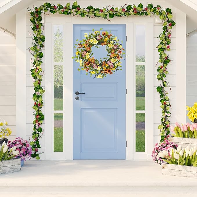 20 inch Spring Summer Wreaths for Front Door Floral Wreath with Colorful Wildflowers,Eucalyptus Leaves,Olive Leaves,Small Berries for Indoor Outdoor Farmhouse Home Wall Window Festival Decoration