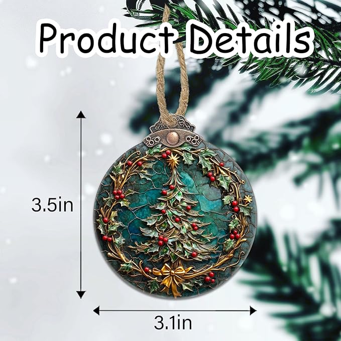 DASTOLL Stained Glass Christmas Decorations, Retro Red Dotted Wreath Suncatcher for Window Christmas Tree Hanging Ornaments Green Sun Catcher Xmas Decor Gifts for Women Men Mom Nana Friend