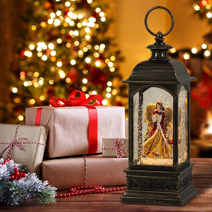 Wondise Lighted Angel Christmas Snow Globes Musical Lantern with Timer, USB Powered & Battery Operated Swirling Glitter Water Globes Christmas Decoration Lantern (3.7 x 3.7X 11.4 inch)