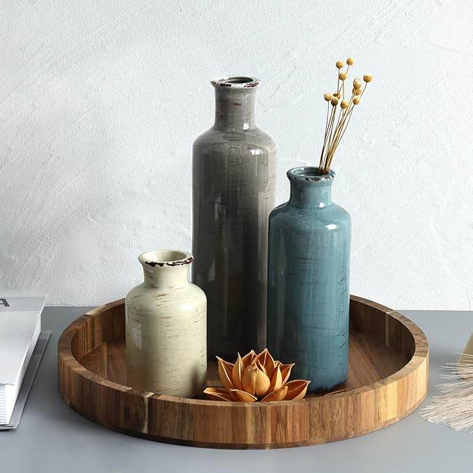 CUCUMI Ceramic Vases Set of 3, Rustic Coastal Vases Home Decor, Farmhouse Flower Vases Decor for Shelves, Ocean Beach Style, Mantle, Fireplace, Coffee Table, Shelf Decorations