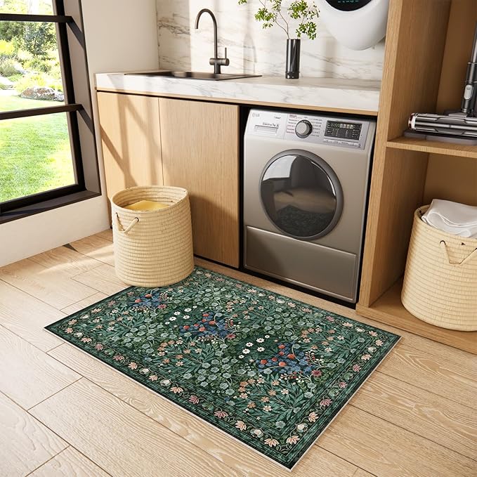 Floral Non-Slip Washable Entryway Rug, 2x3 Boho Forest Design Green, Soft Indoor Door Mat for Kitchen, Bedroom & Bathroom, Ultra-Thin Easy Clean Small Throw Carpet