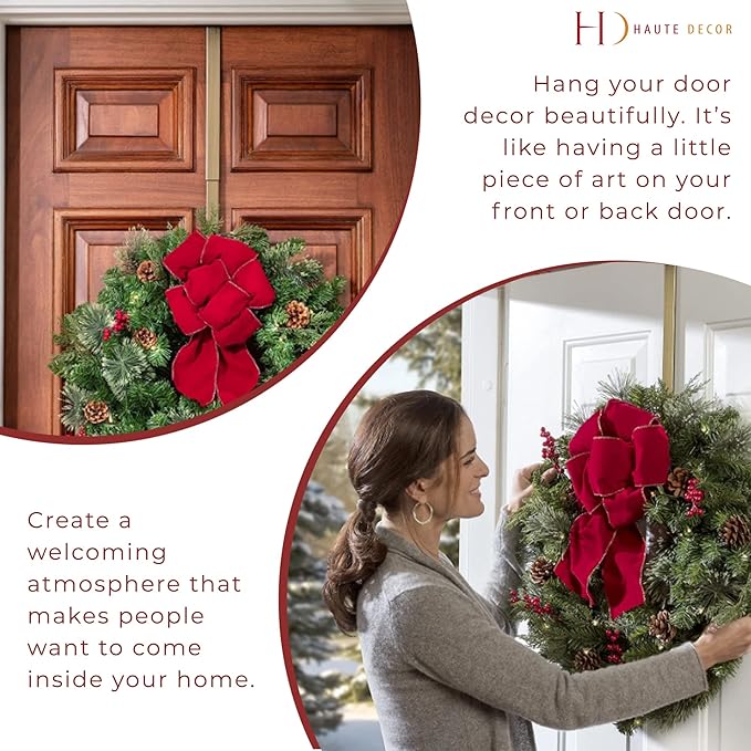 Haute Decor Adapt Adjustable Length Wreath Hanger 2-Pack (Antique Brass) - Two Front or Back Door Decor Holders, Extends from 16.5" to 25", Over Door Hanger with Pads on The Back, Holds up to 10 lbs.