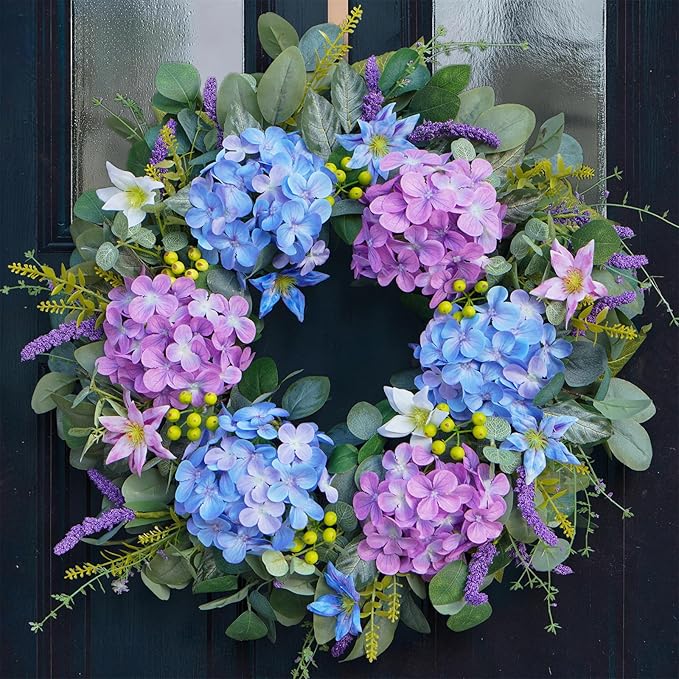 24 Inch Spring Summer Wreaths for Front Door - Blue & Purple Hydrangea Spring Door Wreath, Monet-Inspired Floral Decor with Hydrangea and Clematis for French Country, Spring and Summer, Indoor Outdoor