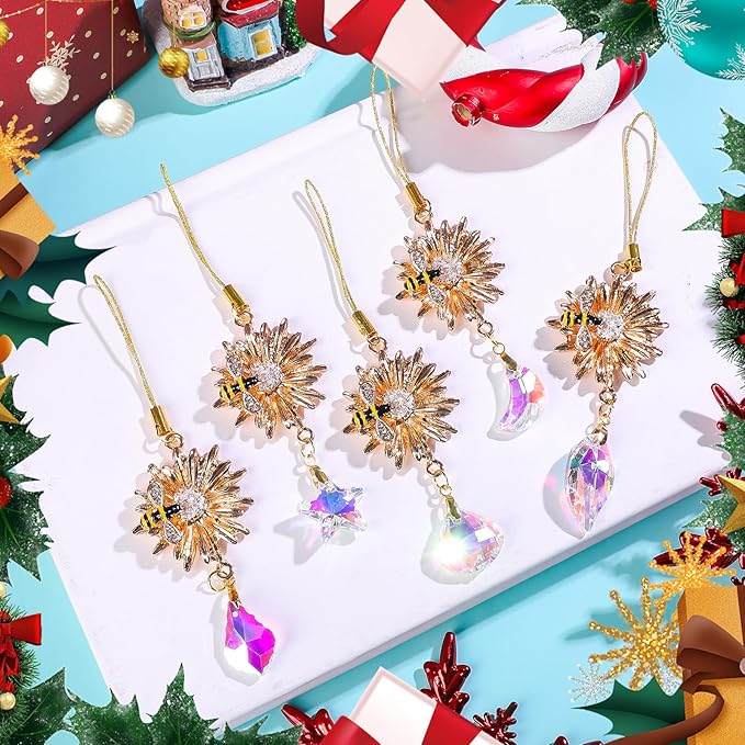 5Pcs Crystal Suncatchers Glass Prisms Christmas Tree Decorations Gold Flower Bee Hanging Crystal Ornament Wedding Party Home Decor
