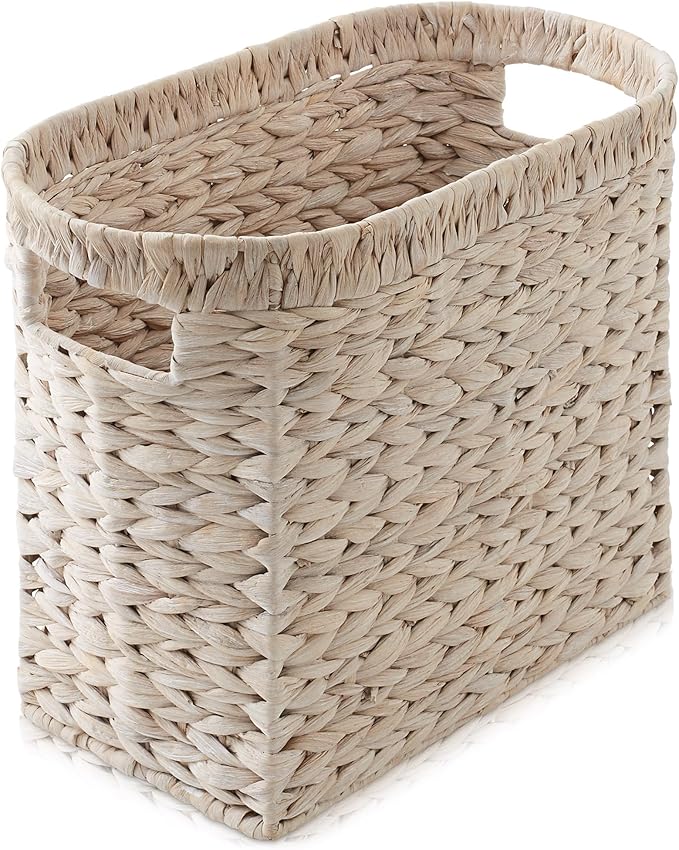 Casafield Woven Magazine Holder with Handles, Whitewash - Water Hyacinth Storage Basket for Bathroom, Living Room, Home Office