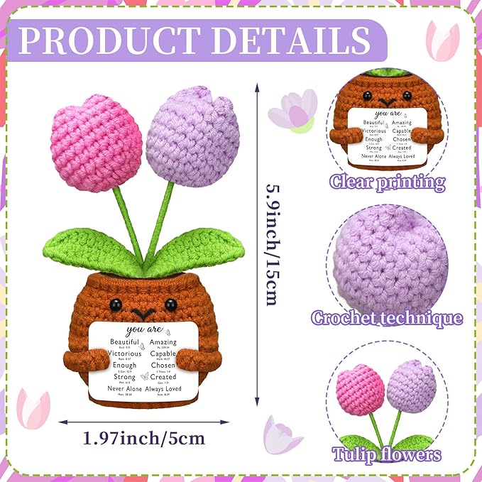 Wavwavw Christian Gift for Women Positive Handmade Crochet Tulips Doll with Bible Verse Prayer Card Inspirational Scripture Religious Crochet for Christmas Sunday Group Church